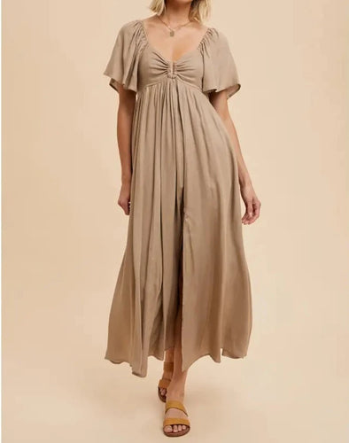 Flutter Sleeve Maxi Dress W/Gold Notch