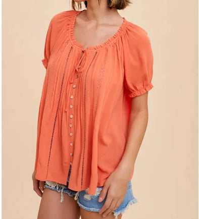 Ruffled Lace Inset Trim Button Top