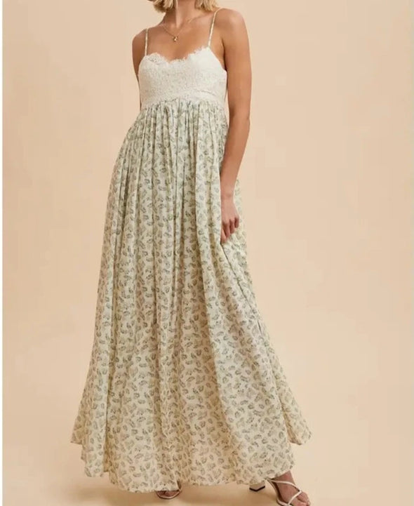 Lace Contrast Floral Maxi Dress