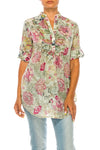 Vintage Green Floral Tunic W/Pin Tucks & Roll Up Sleeves