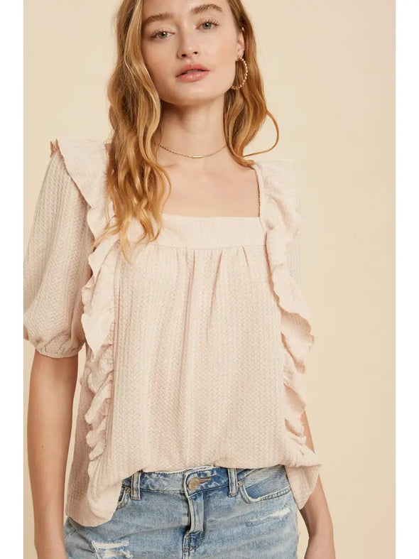 Square Neck Ruffled Waffle Knit Top