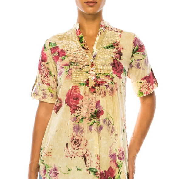 Vintage Floral Tunic W/Pin Tucks & Roll Up Sleeves