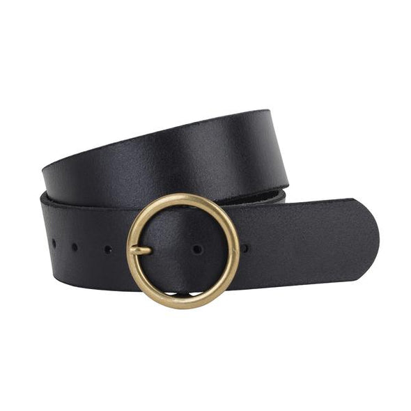 Wide Brass-Toned Ring Buckle Leather Belt