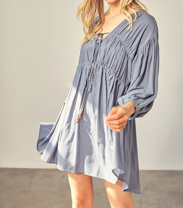 Long Sleeve Mini Dress W/Self Tie Front Detail