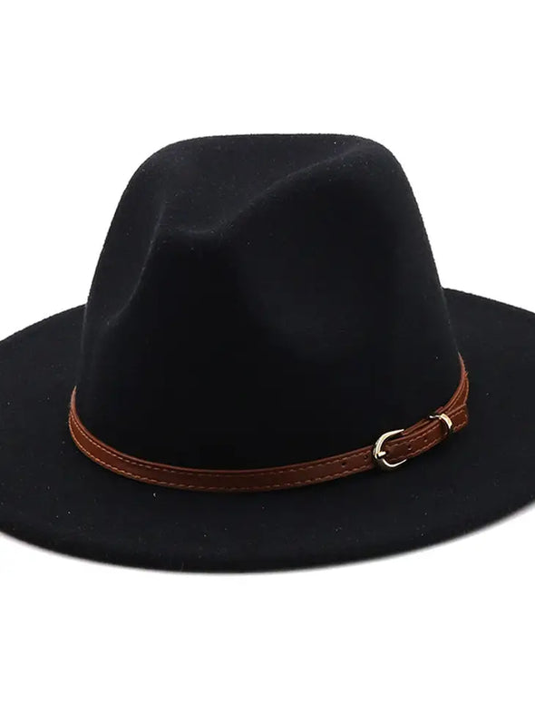 Leather Belt Unisex Flat Brim Fedora Hat
