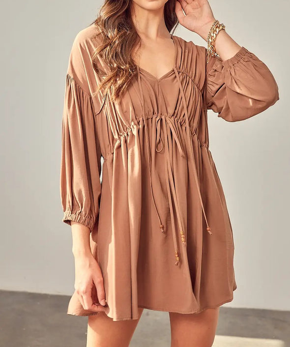 Long Sleeve Mini Dress W/Self Tie Front Detail