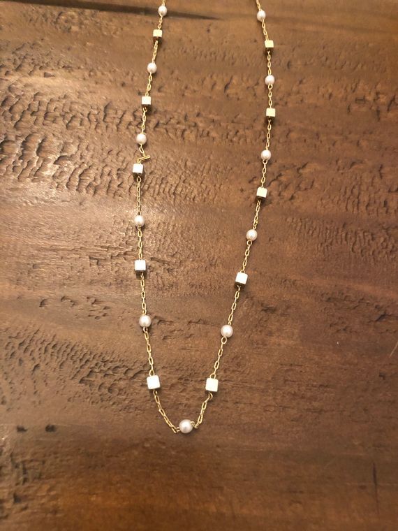 Pearl & Gold Cube Chain Necklace
